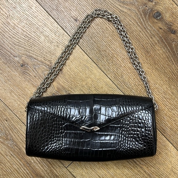Lauren Ralph Lauren Black Croc Embossed Shoulder Bag with Chain Strap - Picture 1 of 8